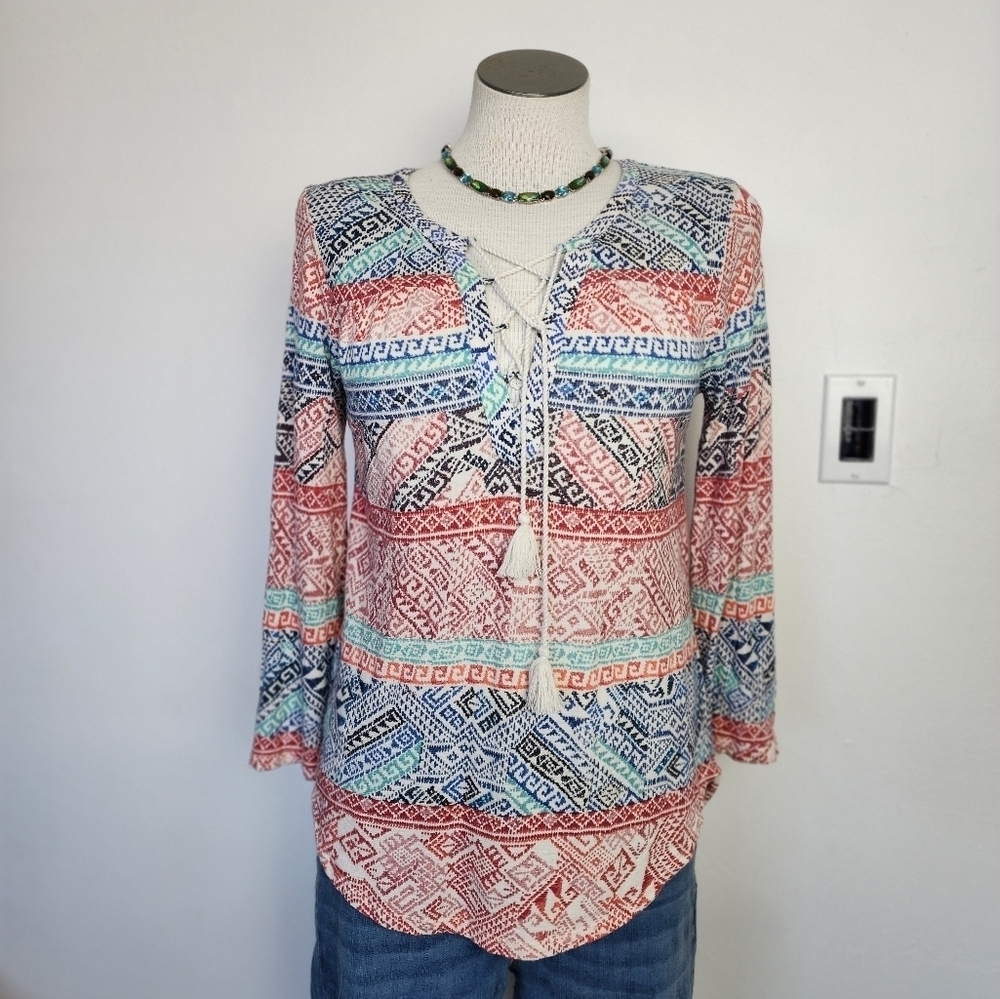 Lucky Brand Blue & Red Round Neck Long Sleeve Lace Up Collar Women's Top Size S